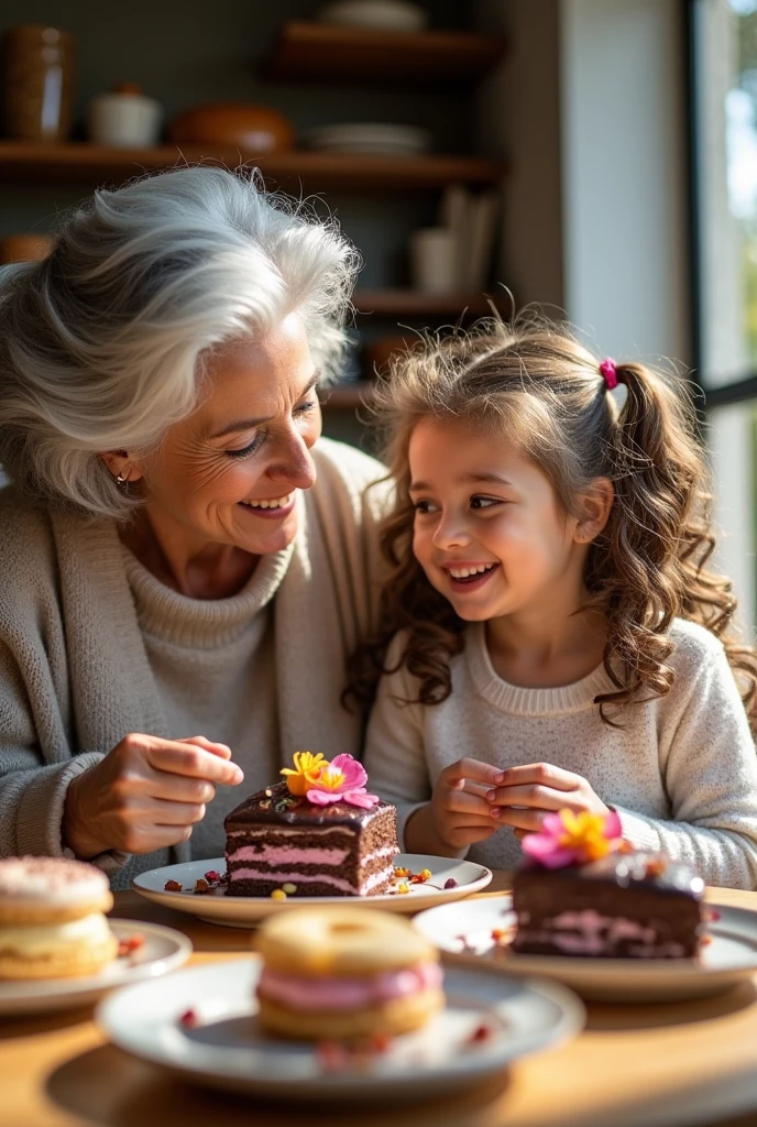 Grandmother with her grandaughter eating desserts in a bakery

