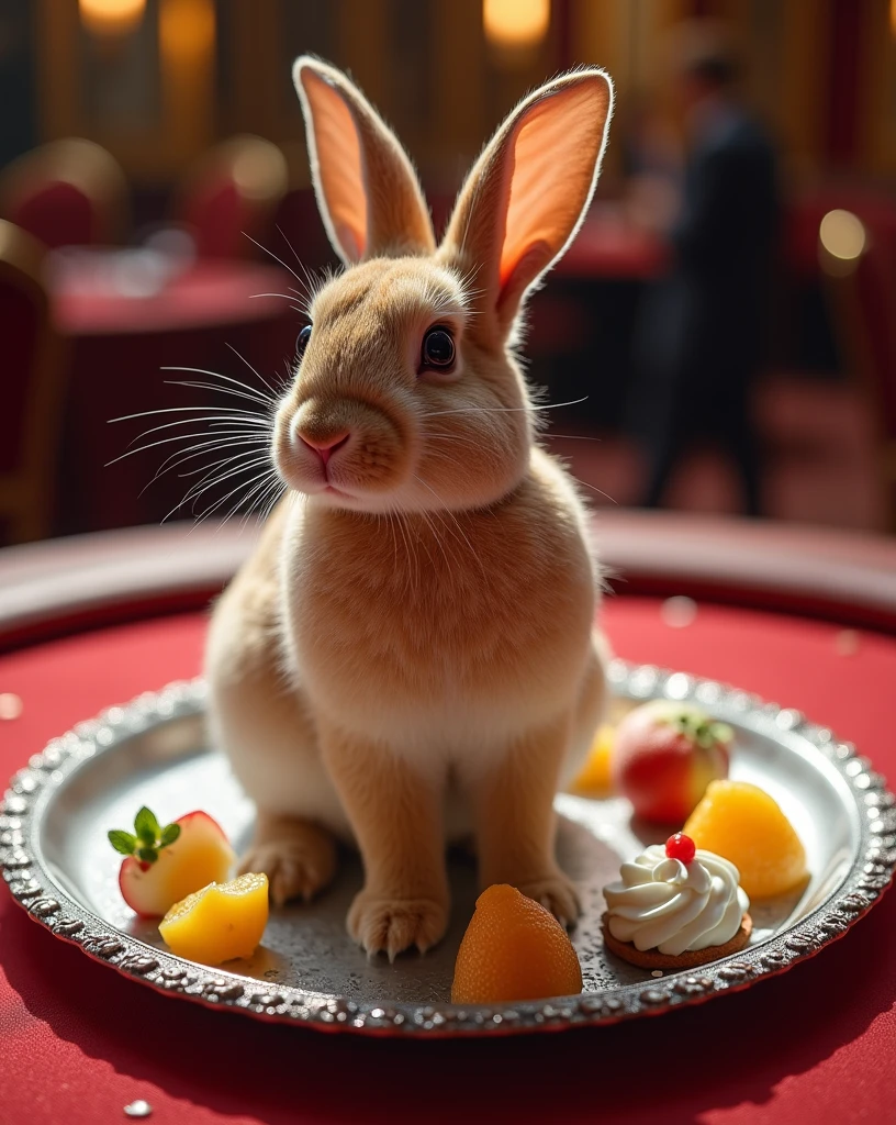 Beautiful and detailed bunny in a casino naked、full body portrait、Shot from directly above the center of the front of the body.、close up、(It sits on a large silver tray decorated with cut fruit and whipped cream..:1.4)、(Thighs raised and legs wide open:1.7)、(Decorate your body with cut fruits and whipped cream.:1.5)、Ideal body type、medium chest、Small and detailed waist.、Exquisitely detailed rear、Beautifully detailed crotch、Exquisitely detailed thighs、Beautifully detailed eyes、beautiful face、Captivating look、loose brown hair、Ultra-compact、8k、Hyper realistic、dramatic lighting、chiaroscuro、dramatic atmosphere、elegant、Functional、Alone、photorealistic、Awards、Exquisite detail、volumetric lighting、vibrant colors、cinematographic、masterpiece