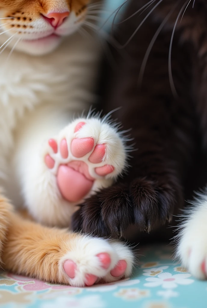 Cute kitten、Close-up of a white cat's paw、、Close-up of a black cat's paw、Close-up of a calico cat's paw、Show me your paw pads.
