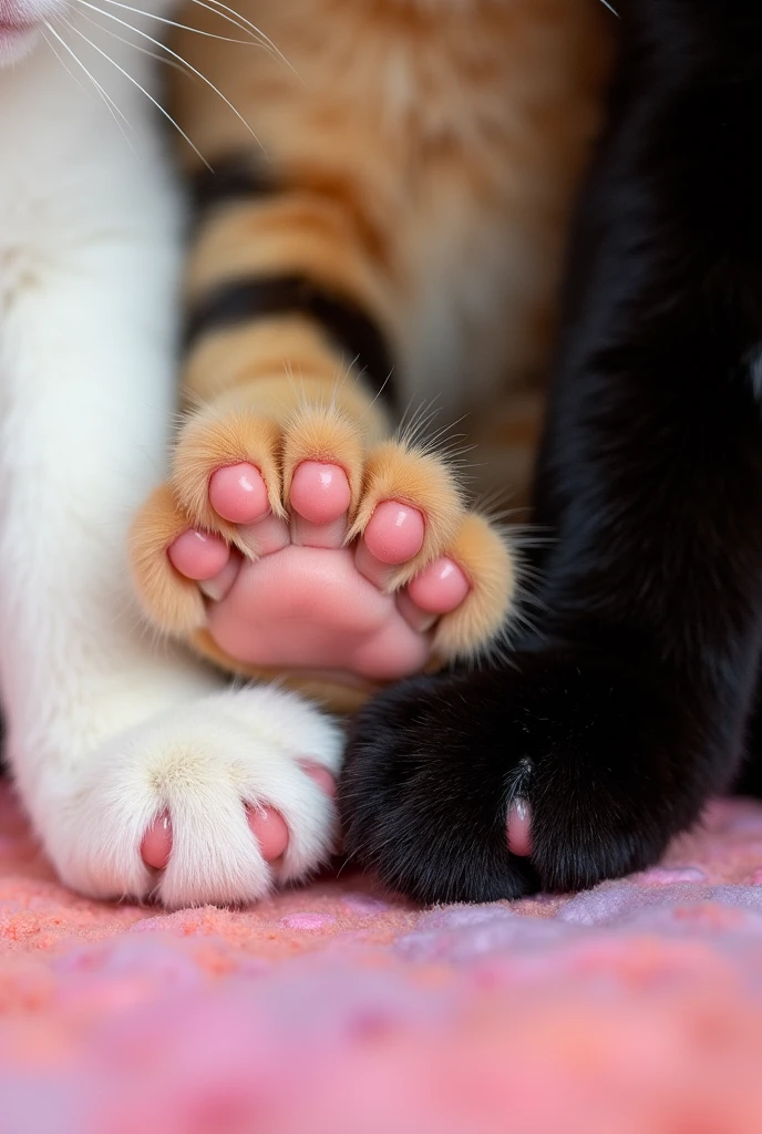 Cute kitten、Close-up of a white cat's paw、、Close-up of a black cat's paw、Close-up of a calico cat's paw、Show me your paw pads.