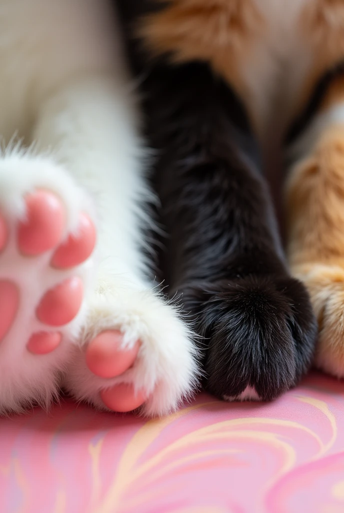 Cute kitten、Close-up of a white cat's paw、、Close-up of a black cat's paw、Close-up of a calico cat's paw、Show me your paw pads.