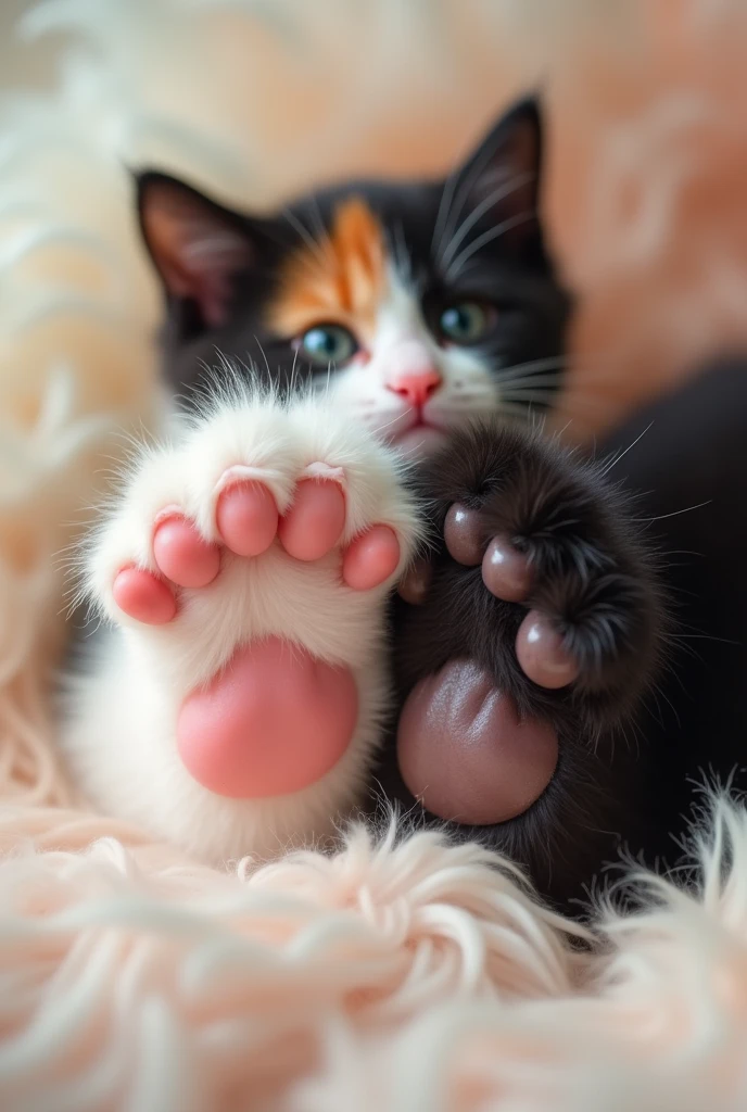 Cute kitten、Close-up of a white cat's paw、、Close-up of a black cat's paw、Close-up of a calico cat's paw、Show me your paw pads.