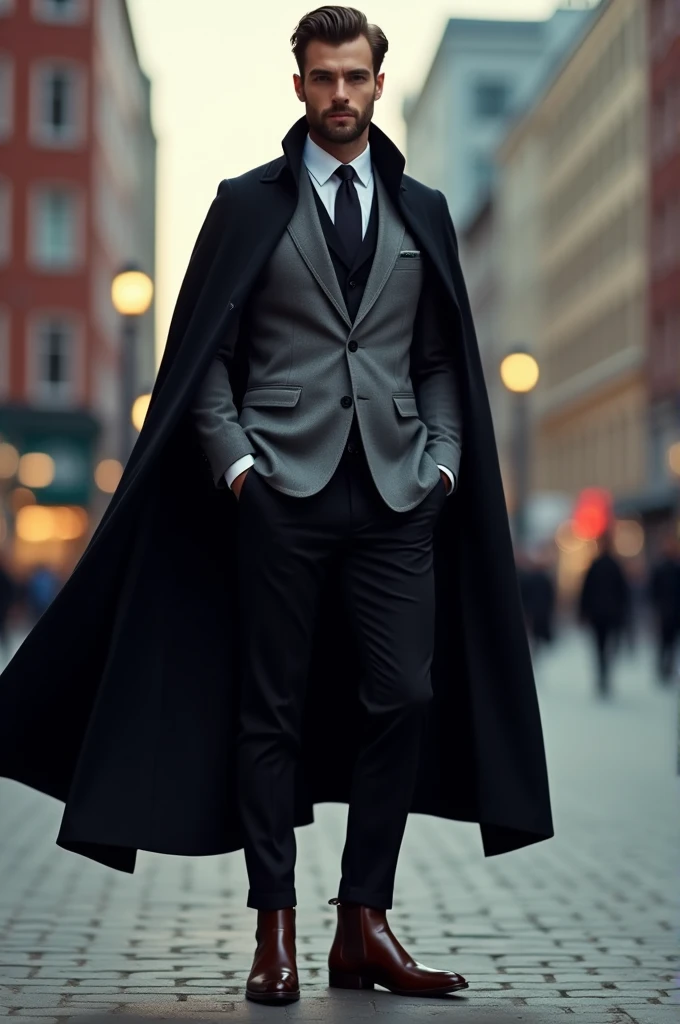 Man wearing brown chelsea boots, black pants, black cape and grey jacket