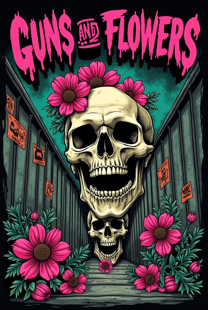 Music Album Cover
Style: Punk Pop
Genre: Punk Rock
Band Name "guns and flowers" in Spanish Icons and elements "guns and flowers and skulls
