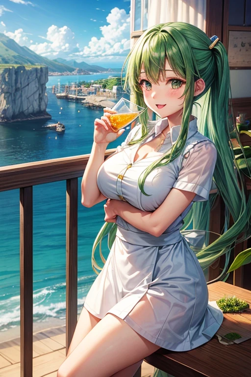 cute anime girl, holding a glass filled with green plant cells, restaurant with sea view