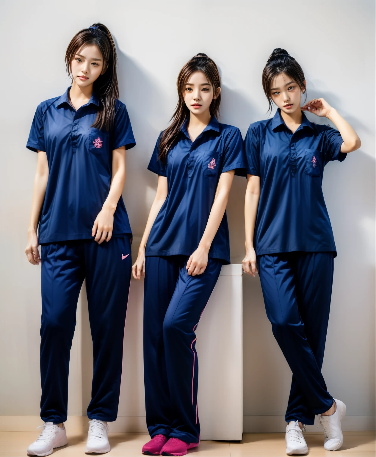 3 girls sleep on bed, Navy blue short-sleeved shirt,Navy Long Trackpant,Sweatpants, Sweatpantsขายาว,25 year old girl, lesbian, sexy, exercise clothes, wet body, exercise clothes