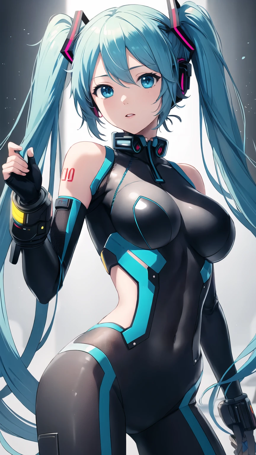 Hatsune Miku Vocaloid, Twin tails, Bright Blue Eyes, Light blue hair, Pichi Pichi body suit, cyber punk, Ultimate Physical Beauty, Beautiful Eyes, Big Breasts, 8k CG, Highest quality, Best image quality,