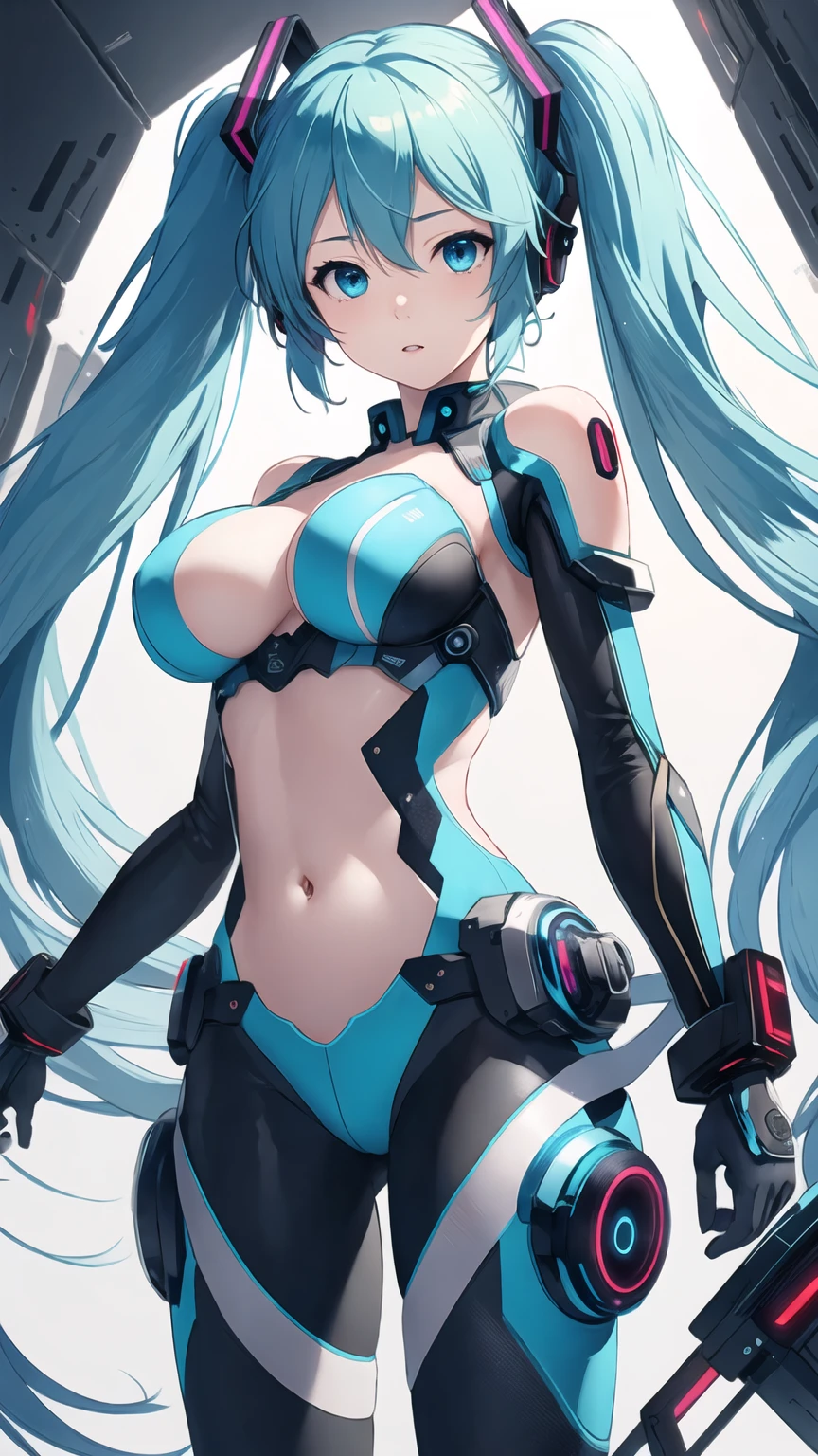 Hatsune Miku Vocaloid, Twin tails, Bright Blue Eyes, Light blue hair, Pichi Pichi body suit, cyber punk, Ultimate Physical Beauty, Beautiful Eyes, Big Breasts, 8k CG, Highest quality, Best image quality,