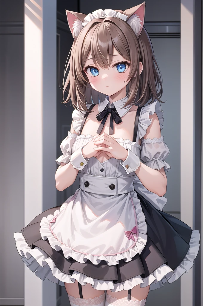 Solo Girl, 20-year-old,Medium Hair, Light brown hair, Mid-chest, highest quality, High resolution, Very detailed, Detailed Background, Perfect lighting、Extreme maid outfit、very cute, Blue eyes, a pair of cat ears, Blush, white silk socks, Lift up the skirt with your hands, Pink underwear, lace, Disgusting gaze