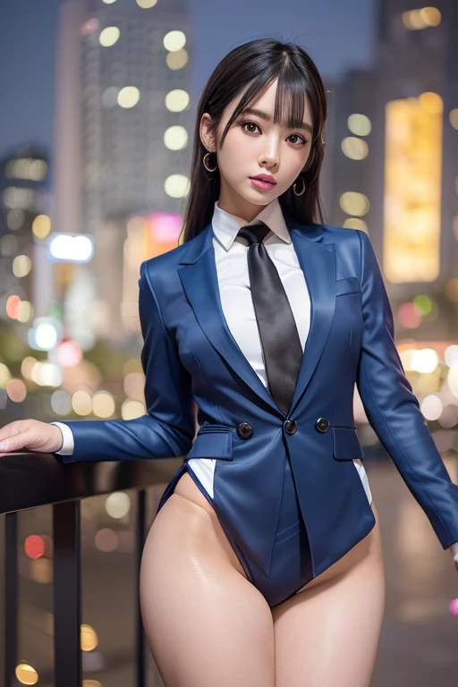 Highest quality,Ultra HD,8k,(Beautiful 25 year old Asian hit woman), (Wolf cut black hair), (White skin), (Serious face), Blue skirt suit 1.5, (((Three-piece suit))), (((Dress shirt))), (((tie))), blazer,(Thigh 1.2,Glamorous Body), (((blue suit jacket))), Black shiny lapel, (((Bodycon mini skirt))), Tight Skirt, tights, pantyhose, Cufflinks, (Night city background), View from the front, Well-groomed and beautiful face 1.2, Dynamic pose, Ambient Lighting, Photographic realism, Intricate facial details, Exquisite handcrafted details, Very detailed, Vibrant colors, Cinematic, High resolution, Trending Styles Raw on Artstation, , Excited,