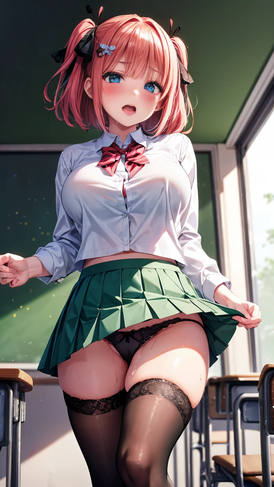 best quality,1girl,((big breasts:1.1)),((orgasm,blush,sweat,steam:1.1)),nino nakano, short hair, bangs, blue eyes, hair ornament, hair ribbon, pink hair, blunt bangs, two side up, butterfly hair ornament,((school uniform, white shirt, green skirt, mini skirt, black thighhighs,black panties,lace panties:1.3)),classroom,pussy juice