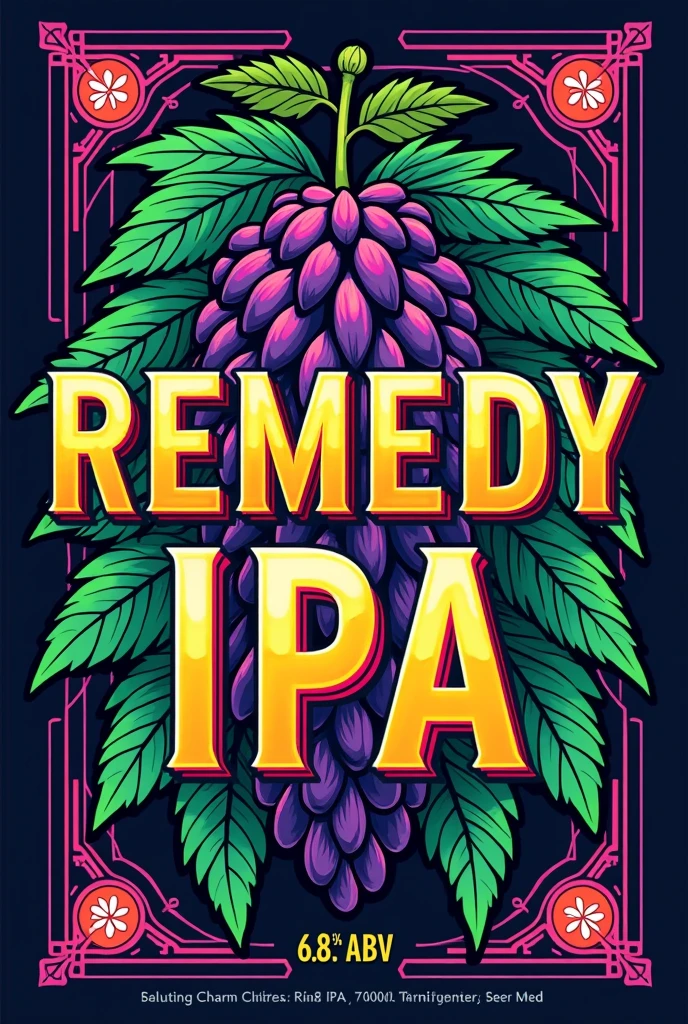 A label for a craft beer the name will be REMEDY IPA 6,8 ABV It will be an IPA type with lots of hops and will be a modern label.
There will be a lot of alcohol, its alcohol content will be high The Art of Being Futuristic the letters will be big and flashy.
Somewhat reminiscent of a bottle of poison or restricted medication.
