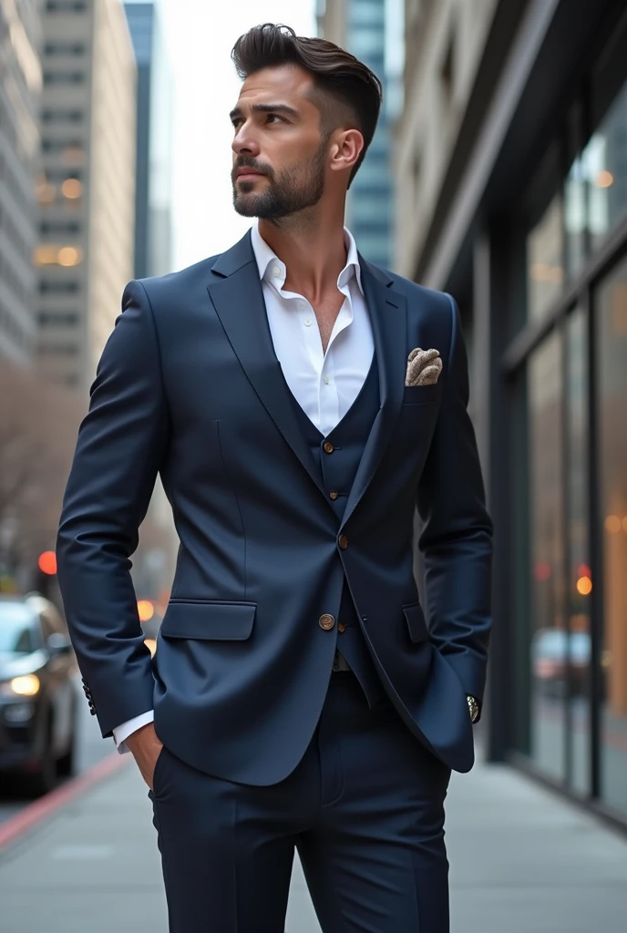 Generate for me, the image of a man wearing a suit, and wearing brown leather dress shoes