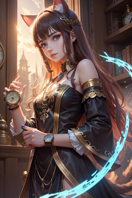 magic God of times girl, cat ears, holding a mechanical watch in her hand