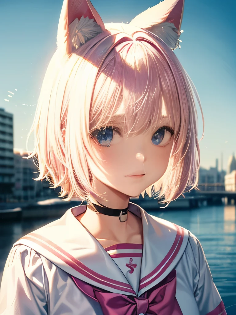 Ski Style, One person, alone, Pink Hair, Animal ears, blue eyes, View your viewers, bangs, short hair, bow, Sailor collar, white Sailor collar, hair bow, pink bow, Mouth closed, shirt, white shirt, Bear ears, Bobcut, Portraiture, compensate, Upper Body, Background city