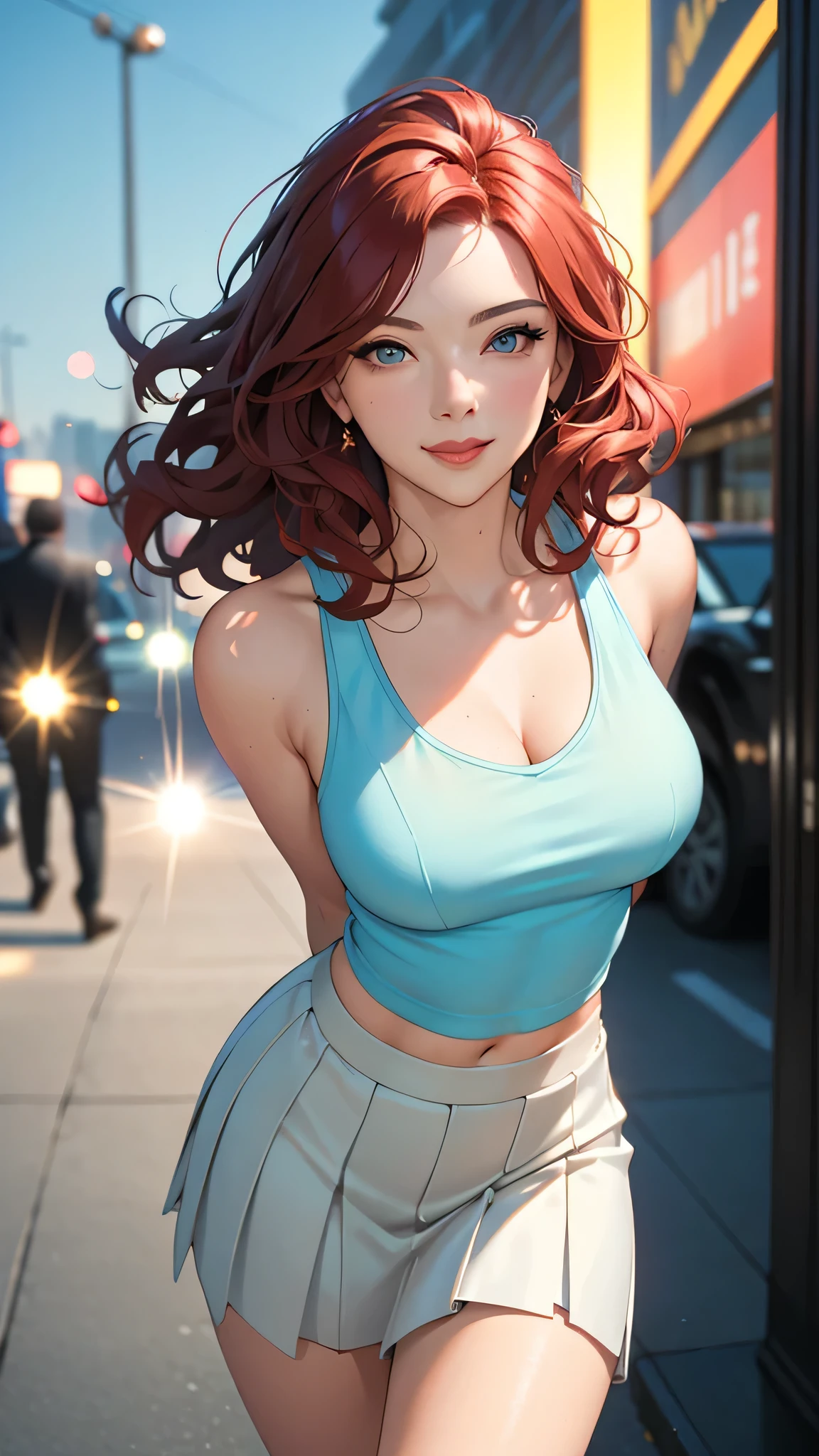 (Best Quality, ultra detailed, photorealistic: 1.39), Face of 25 year old naughty teenager., bright and vibrant colors, studio lighting, romantic expression, short pleated skirt, Beautiful tank top, Elegant makeup, Long, curly, red hair flowing in the wind, attractive eyes, bright lips, pose sexy, smiling confidently and seductively, posing for a professional photo shoot, shallow depth of field, soft natural lighting, creating a dreamy and magical atmosphere.walking down the street, evening, Fireworks in the sky