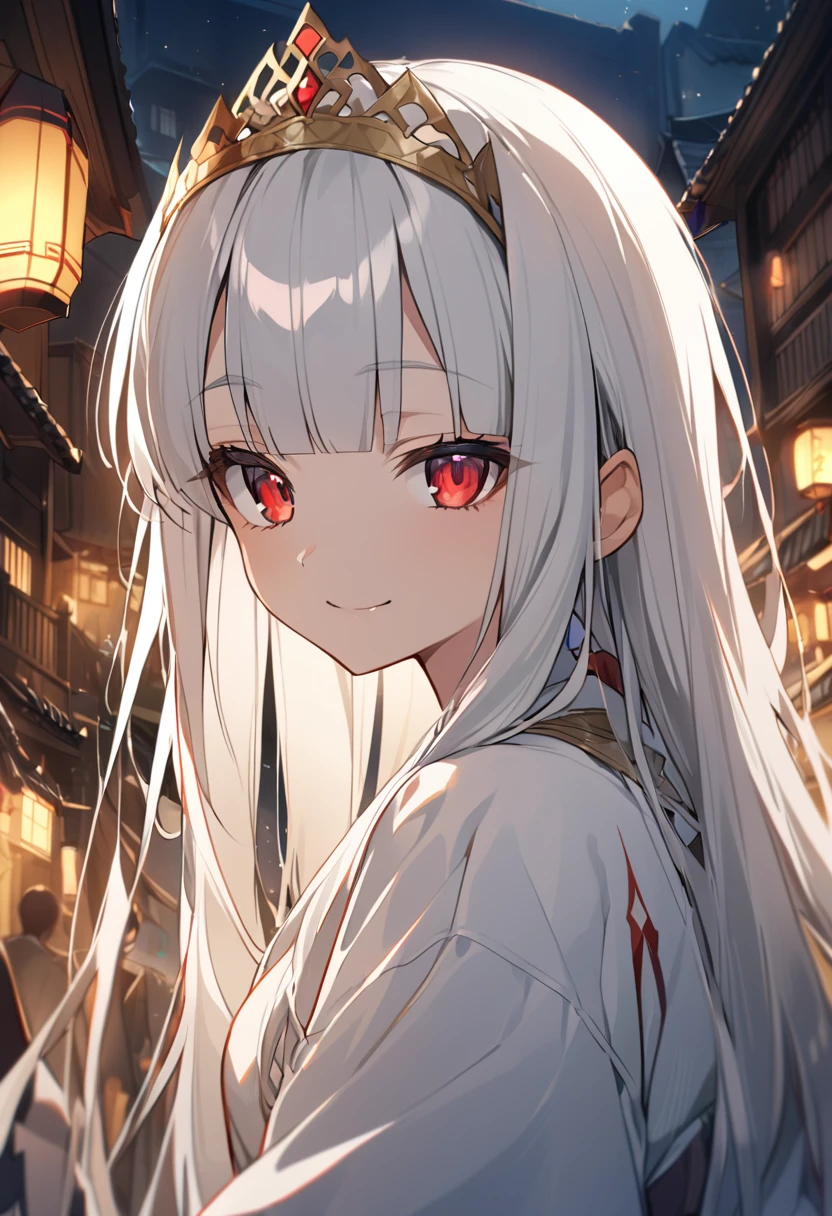 1girl, solo focus, 18 years old, white hair, long hair, blunt bangs, gold tiara, red eye, slanted eyes, white kimono, wide sleeve, white serpents, looking at viewer, bad smile, close mouth, in old town, night