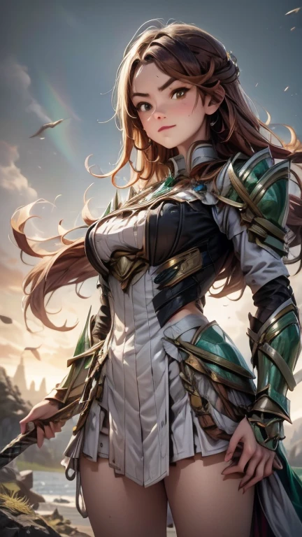 (best quality,4k,8k,highres,masterpiece:1.2),ultra-detailed, 1woman, Irish goddess Brigid, Auburn hair, Iron armor over druid robes, forging a sword, determined eyes, drawn in the style of Yoshitaka Amano, sks woman, HDR, 8k, absurdres, cinestill 800, sharp focus, add_detail:2