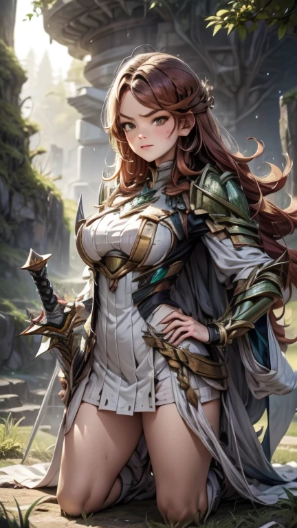 (best quality,4k,8k,highres,masterpiece:1.2),ultra-detailed, 1woman, Irish goddess Brigid, Auburn hair, Iron armor over druid robes, forging a sword, determined eyes, drawn in the style of Yoshitaka Amano, sks woman, HDR, 8k, absurdres, cinestill 800, sharp focus, add_detail:2