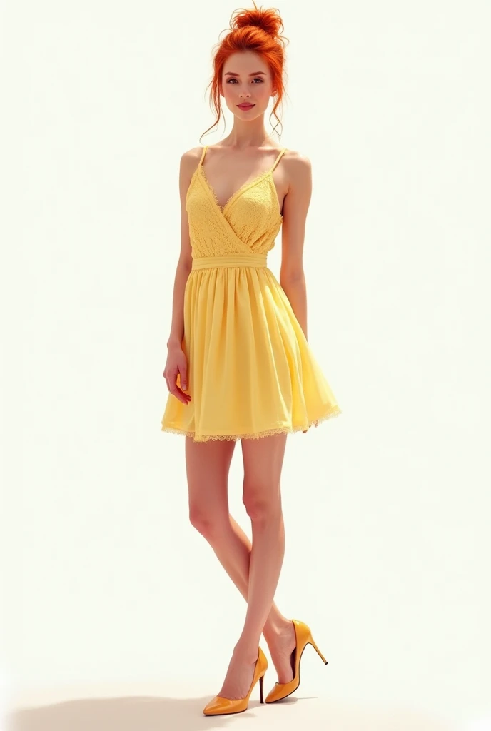 Radiant woman, with captivating ginger hair, bun, messy, adorned in a pastel yellow short dress and high heel shoes, on a completely white background, full-length portrait, digital painting, simple but elegant, high-intensity lighting, rich texture, detailed fabric complexity, ultra clea