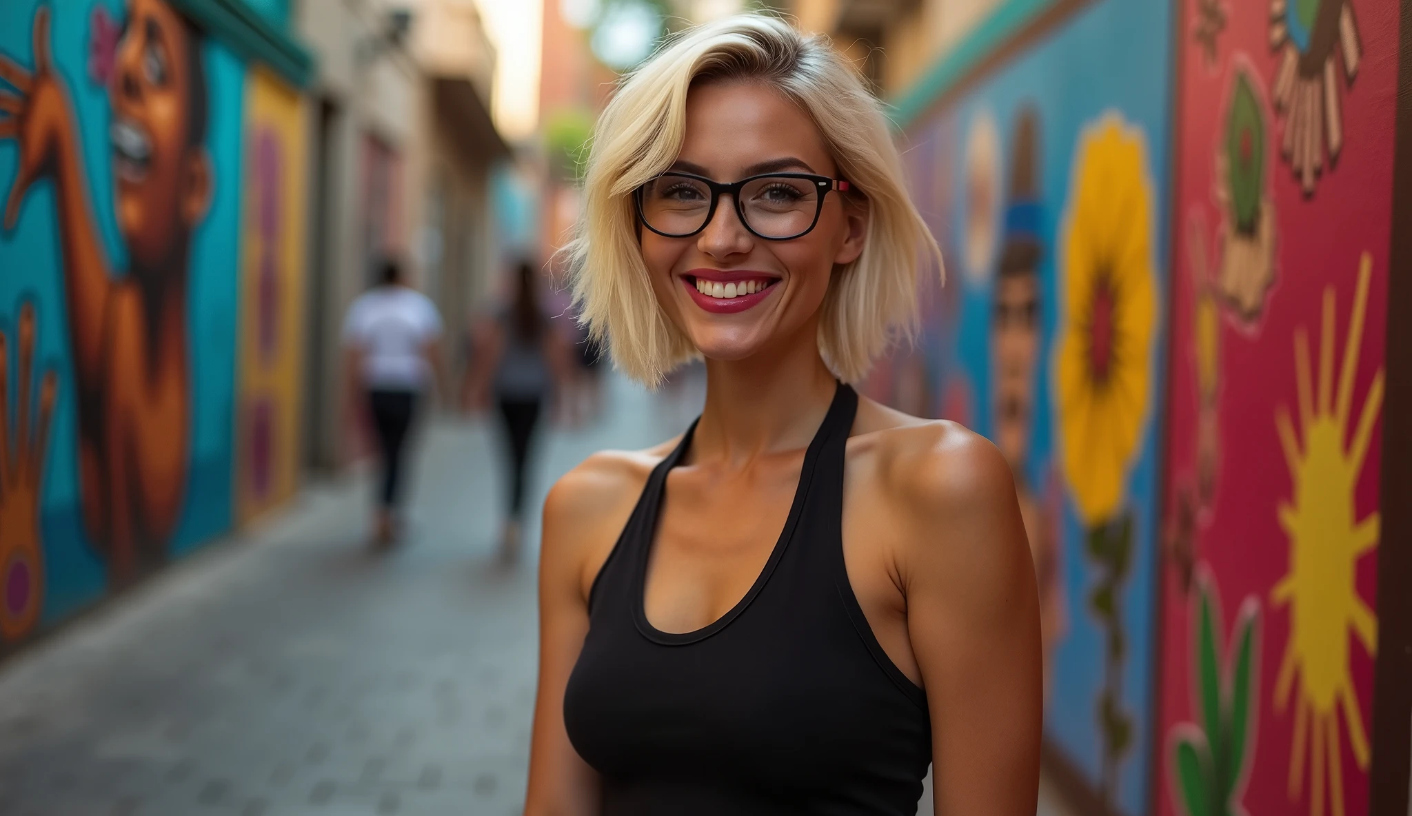Create a wallpaper of a Ugly short blonde woman, Argentina, with glasses, with a beautiful smile about 40 years old with small breasts in a sexy pose, in sexy clothes showing her ass.