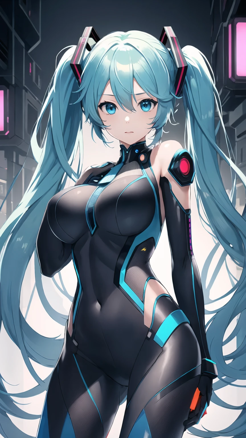Hatsune Miku Vocaloid, Twin tails, Bright Blue Eyes, Light blue hair, Pichi Pichi body suit, ((Taimanin Suit)), cyber punk, Ultimate Physical Beauty, Beautiful Eyes, , 8k CG, Highest quality, Best image quality,