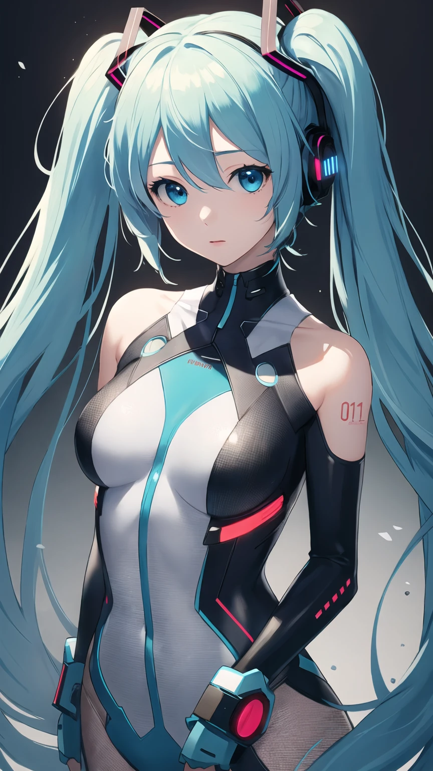 Hatsune Miku Vocaloid, Twin tails, Bright Blue Eyes, Light blue hair, Pichi Pichi body suit, ((Taimanin Suit)), cyber punk, Ultimate Physical Beauty, Beautiful Eyes, Big Breasts, 8k CG, Highest quality, Best image quality,