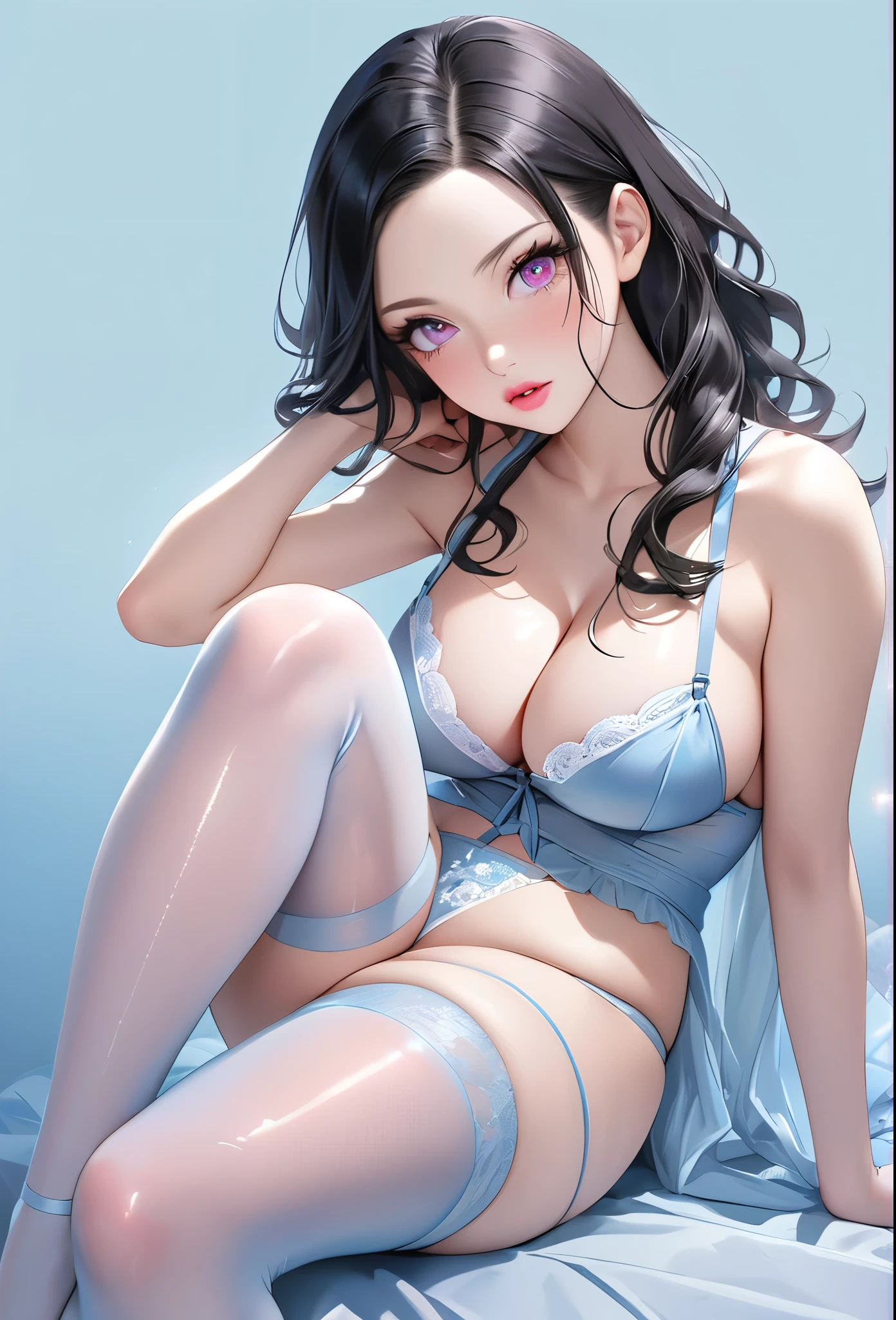 Nezuko Komado, realistic depiction, elegant appearance, pale and shiny skin, black hair, pink eyes, full lips with lip gloss, subtle eyeliner and mascara, light blue eyeshadow, pink and light blue monochromatic color scheme, soft lighting, blue background. Cleavage, huge tits, lingerie, thigh highs, feet,