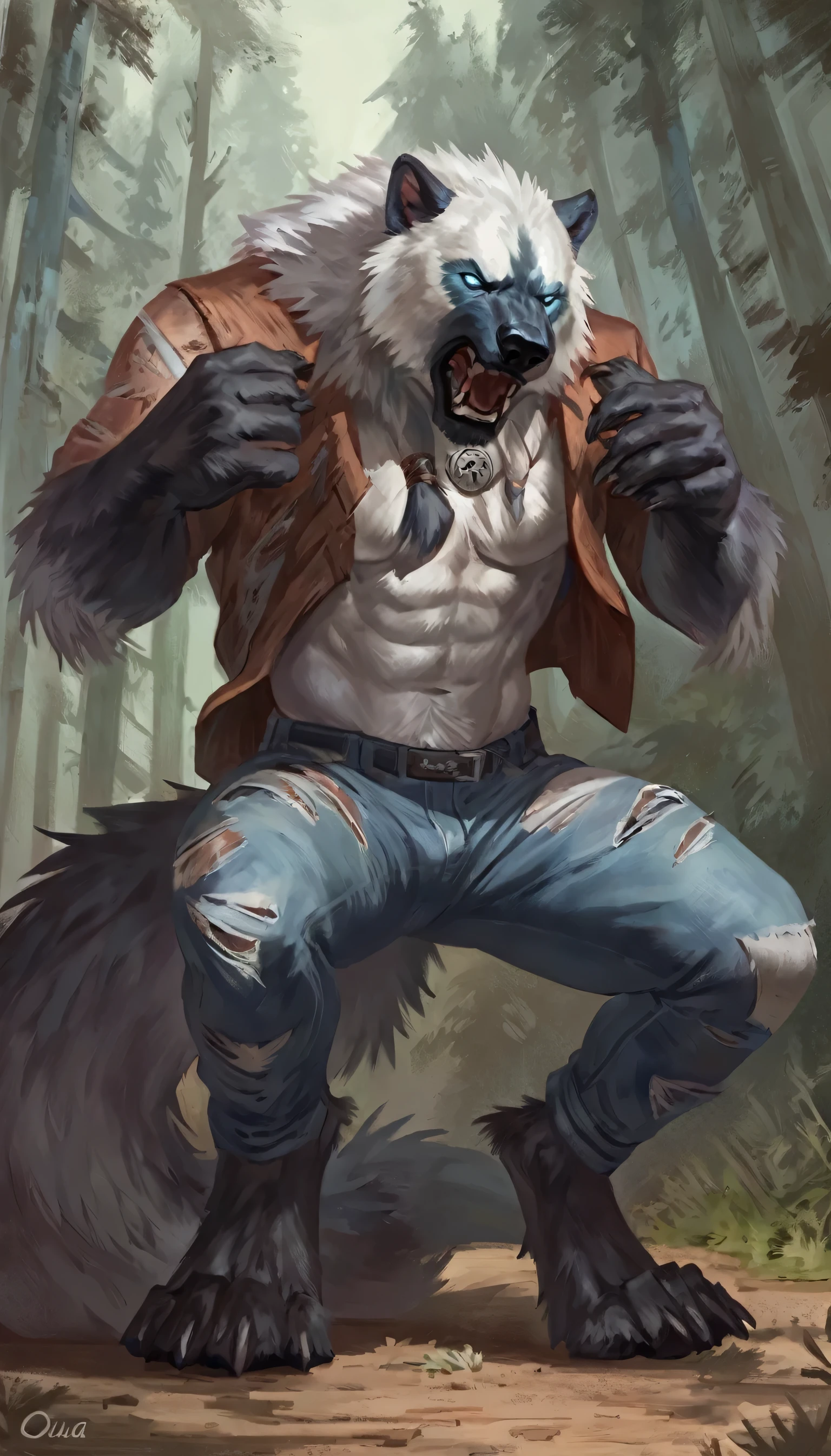 volibear macho, comic style, illustration, Alone, ABS, Pecs, concentrated expression, male body, masterpiece, Best Art, Whole body, digitigrade, by ouna, by taran violinist, ripped jeans, broken shirt, Detailed hands, high, detailed eyes, big tail, detailed torso, forest, expression of pain, transformation, Screams, looking at the hands, squat pose