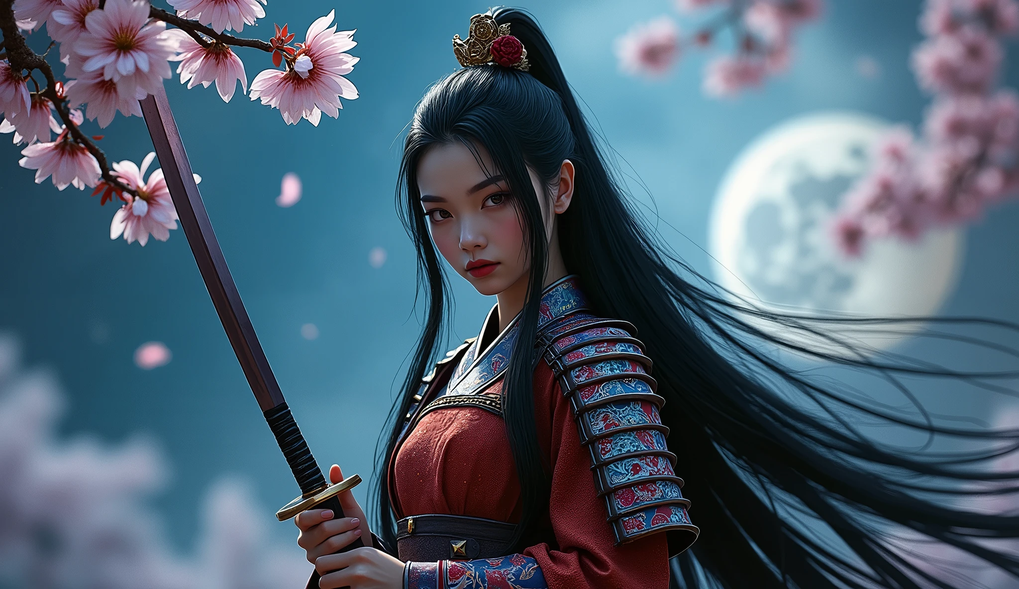 a beautiful samurai, porcelain skin, long black hair, with a serious, intense expression, ornate Japanese traditional samurai's clothes, highly detailed clothes, (holding a Japanese sword:1.5),Harrison Fisher and Catrin Welz-Stein art style, vivid colors, highly detailed, full body portrait, cinematic moon lighting, cherry blossom background, dramatic pose, elegant, graceful, regal, intricate details, masterpiece, photorealistic, 8k, best quality,(looking at viewer:1.5)