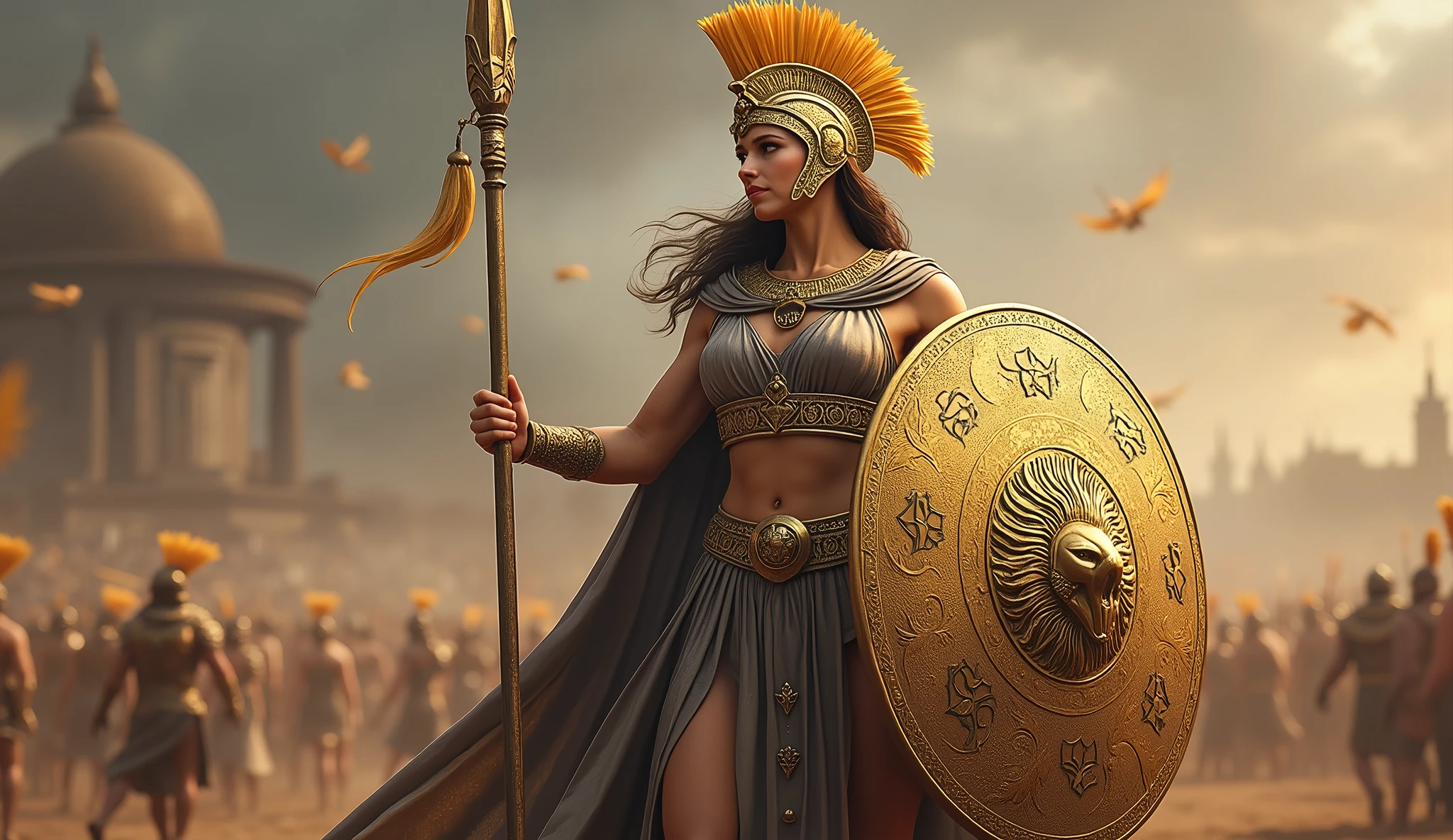 Athena, majestic and imposing woman, with a presence that mixes elegance with strength. Helmet: wearing a war Corinthian helmet,  shape that covers the head well and leaves the face visible. Often the helmet is adorned with a crest of golden feathers, Aegis:  mantle decorated with the head of the Gorgon. depicted in shades of gray or gold, with ornate edges. Robe: Wearing a long robe, Belt: A wide belt or sash can encircle her waist, adding a touch of sophistication and also enhancing your stunning figure. belt is very decorated, Sandals adorned with metallic details. SHe's holding a shield in his right hand (image of the head of the Gorgon and is ornate with intricate details) and a golden spear. background battlefield