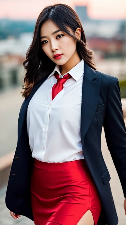 Highest quality,Ultra HD,8k,(Beautiful 25 year old Asian hit woman), (Blonde 1.4), (White skin), (Serious face), Red skirt suit 1.5, (((Three-piece suit))), (((Dress shirt))), (((tie))), blazer,(Thigh 1.2,Glamorous Body), (((Red Suit Jacket))), Black shiny lapel, (((Bodycon mini skirt))), Tight Skirt, tights, pantyhose, Cufflinks, (Night city background), View from the front, Well-groomed and beautiful face 1.2, Dynamic pose, Ambient Lighting, Photographic realism, Intricate facial details, Exquisite handcrafted details, Very detailed, Vibrant colors, Cinematic, High resolution, Trending Styles Raw on Artstation, , Excited,