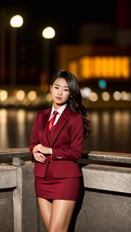 Highest quality,Ultra HD,8k,(Beautiful 25 year old Asian hit woman), (Blonde 1.4), (White skin), (Serious face), Red skirt suit 1.5, (((Three-piece suit))), (((Dress shirt))), (((tie))), blazer,(Thigh 1.2,Glamorous Body), (((Red Suit Jacket))), Black shiny lapel, (((Bodycon mini skirt))), Tight Skirt, tights, pantyhose, Cufflinks, (Night city background), View from the front, Well-groomed and beautiful face 1.2, Dynamic pose, Ambient Lighting, Photographic realism, Intricate facial details, Exquisite handcrafted details, Very detailed, Vibrant colors, Cinematic, High resolution, Trending Styles Raw on Artstation, , Excited,