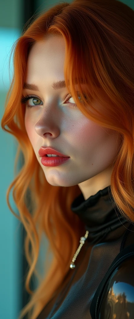 a woman with red hair, hyper-realistic skin, shiny/glossy, modern jewelry, gongbi, portraiture, dark teal and light gold, tropical landscapes, Face portrait photo oF a 21 Year-old German woman, .raw, beautiFul woman, half strawberry lips, strawberry lipstick, Fossettes, big breast, realistic legs, high heels, nostalgic look, detailed light brown eyes, great student, thin eyelashes, (Brown extra long blond hair), ((detailed Face)), ((detailed Facial Features and skin texture)), (Finely detailed skin), light brown skin, (Deep neckline detailing high-tech cyberpunk dress), Cyberpunk big city environment, (cold colors), moist, moist, reFlections, (masterpiece) (height ratio / perfect width) (photo realist) (best quality) (detailed) Shot with Canon EOS R5, ObjectiF 50mm, F/2.8, human development report, (8k) (wallpaper) (light) (Dramatic Light) (sharp focus) (complicated), sharp details, skin detail sharpness,