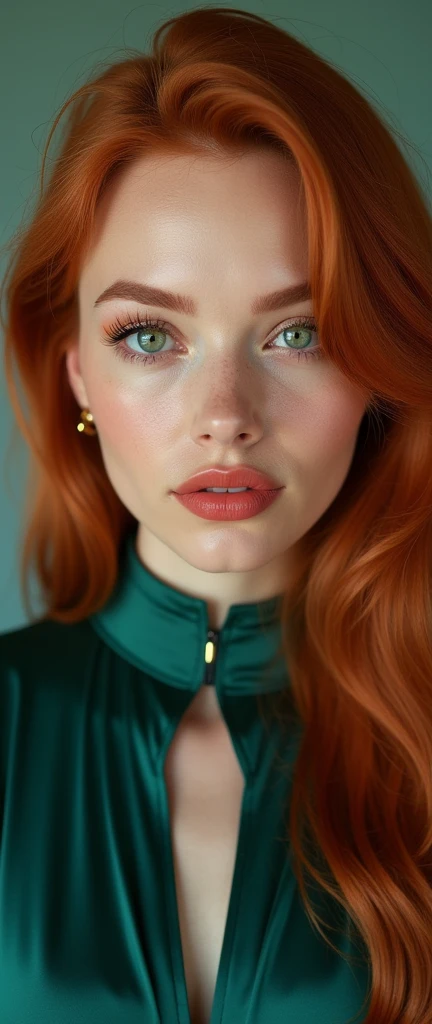 a woman with red hair, hyper-realistic skin, shiny/glossy, modern jewelry, gongbi, portraiture, dark teal and light gold, tropical landscapes, Face portrait photo oF a 21 Year-old German woman, .raw, beautiFul woman, half strawberry lips, strawberry lipstick, Fossettes, big breast, realistic legs, high heels, nostalgic look, detailed light brown eyes, great student, thin eyelashes, (Brown extra long blond hair), ((detailed Face)), ((detailed Facial Features and skin texture)), (Finely detailed skin), light brown skin, (Deep neckline detailing high-tech cyberpunk dress), Cyberpunk big city environment, (cold colors), moist, moist, reFlections, (masterpiece) (height ratio / perfect width) (photo realist) (best quality) (detailed) Shot with Canon EOS R5, ObjectiF 50mm, F/2.8, human development report, (8k) (wallpaper) (light) (Dramatic Light) (sharp focus) (complicated), sharp details, skin detail sharpness,