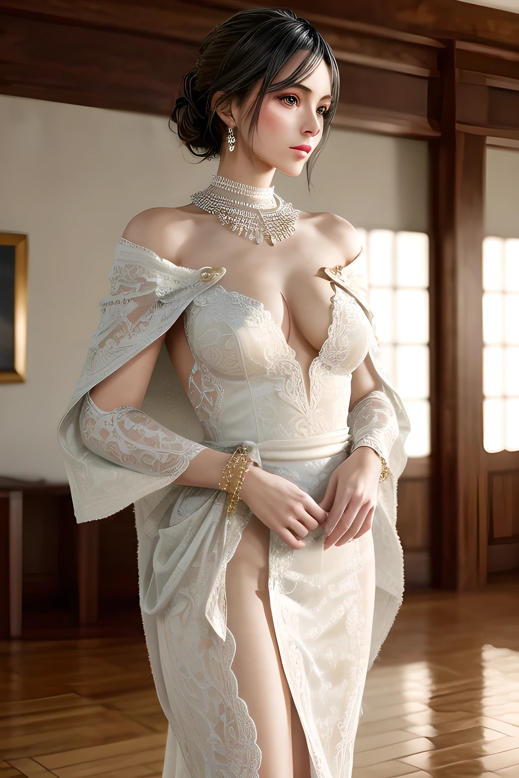 A lady with extraordinary temperament, she stands in a modern indoor space, as if she is a model from a fashion magazine. She is wearing a (pure white long fur cape), the softness and luster of which makes her look more noble under the light, and complements her (beige dress) underneath, showing her gentle temperament while maintaining a sense of fashion. The style of the dress is simple and generous, a perfect match, and it lengthens her figure, making her tall and charming. The lady's makeup is delicate and elegant, which just highlights her facial features and makes people unforgettable at first sight. Although the earrings and necklace she wears are not ostentatious, they add a bit of sophistication and nobility to her overall look. Her hair is casually draped over her shoulders, and every strand of hair exudes a natural luster,, (best quality,8k,highres,masterpiece:1.2),ultra-detailed,(realistic,photorealistic,photo-realistic:1.37),studio lighting,ultra-fine painting,sharp focus,physically-based rendering,extreme detail description,professional,vivid colors