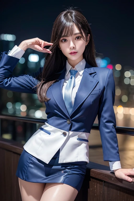 Highest quality,Ultra HD,8k,(Beautiful 25 year old Asian hit woman), (Wolf cut black hair), (White skin), (Serious face), Blue skirt suit 1.5, (((Three-piece suit))), (((Dress shirt))), (((tie))), blazer,(Thigh 1.2,Glamorous Body), (((blue suit jacket))), Black shiny lapel, (((Bodycon mini skirt))), Tight Skirt, tights, pantyhose, Cufflinks, (Night city background), View from the front, Well-groomed and beautiful face 1.2, Dynamic pose, Ambient Lighting, Photographic realism, Intricate facial details, Exquisite handcrafted details, Very detailed, Vibrant colors, Cinematic, High resolution, Trending Styles Raw on Artstation, , Excited,