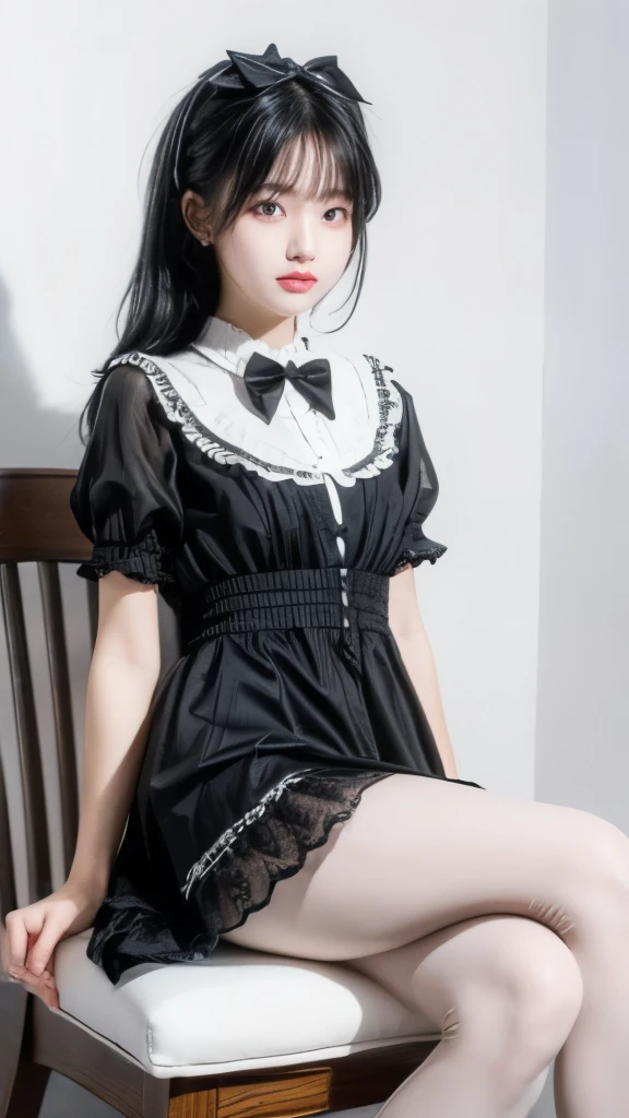 Super cute black hair，Black Lolita dress girl. 8K ultra-high quality, Delicate texture, Pure white background，（Wear black pantyhose），Show long legs，sit on the chair，18-year-old girl