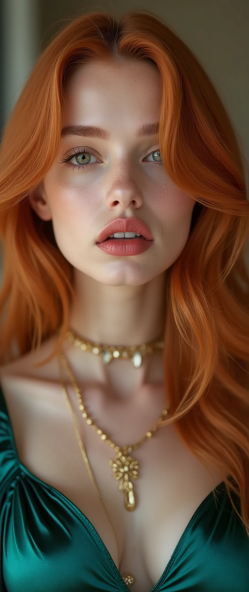 a woman with red hair, hyper-realistic skin, shiny/glossy, modern jewelry, gongbi, portraiture, dark teal and light gold, tropical landscapes, Face portrait photo oF a 21 Year-old German woman, .raw, beautiFul woman, half strawberry lips, strawberry lipstick, Fossettes, big breast, realistic legs, high heels, nostalgic look, detailed light brown eyes, great student, thin eyelashes, (Brown extra long blond hair), ((detailed Face)), ((detailed Facial Features and skin texture)), (Finely detailed skin), light brown skin, (Deep neckline detailing high-tech cyberpunk dress), Cyberpunk big city environment, (cold colors), moist, moist, reFlections, (masterpiece) (height ratio / perfect width) (photo realist) (best quality) (detailed) Shot with Canon EOS R5, ObjectiF 50mm, F/2.8, human development report, (8k) (wallpaper) (light) (Dramatic Light) (sharp focus) (complicated), sharp details, skin detail sharpness, 