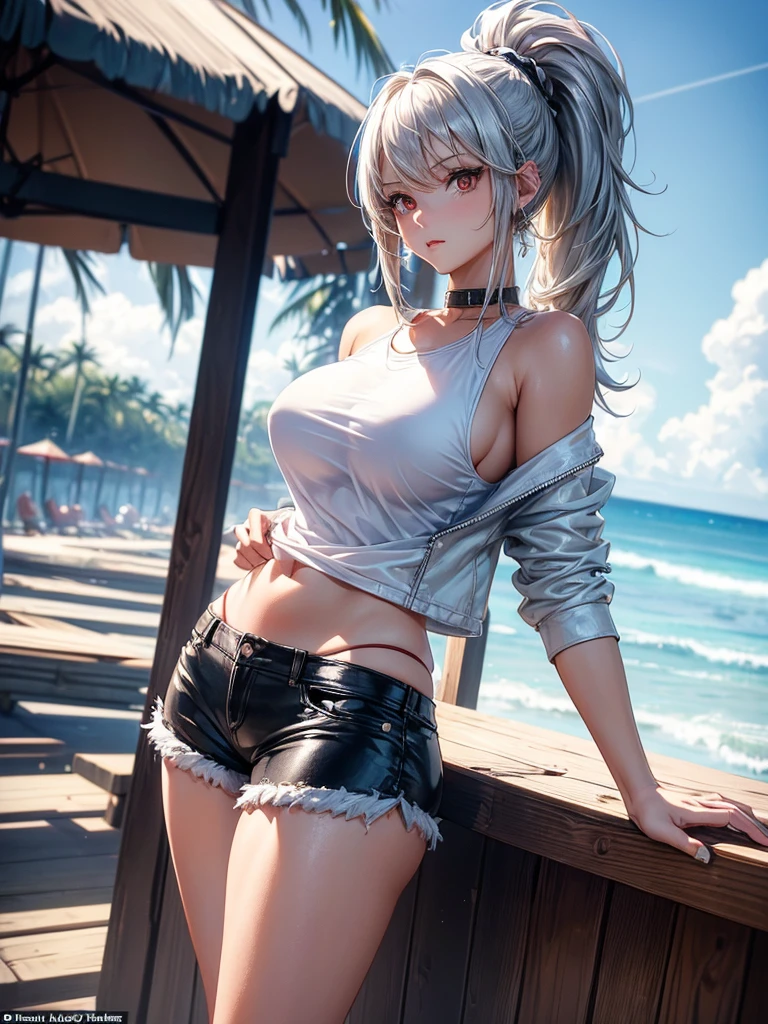 (masterpiece:1.6, best quality), (finely detailed beautiful eyes: 1.2), (Overhead view), high quality, beautiful face, 1girl, wide shot, white tshirt, leather short shorts, oversized leather jacket, open shoulders, silver hair, large breasts, ponytail hair, wide hips, red eyes, badass (leaning to the side, ), beach, background, detailed background,