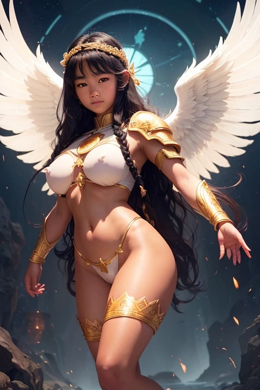 A young 15- yr old native Asian girl with lovely charminvg face,( dark skin texture masterpiece), (perfect full body detailed anatomy),(large breast with hard erect nipples)(Super accessories detailed), (meditating ), (perfect detailed glowing bright eyes),(ear short braided wavy illuminating amber hair),(exposed pussy line), (Wearing transparent costume of an angel,holding a treasure septer & shield, illuminating different lights covers the sorrounding atmosphere Has beautiful large white wings, The character solemnly praying