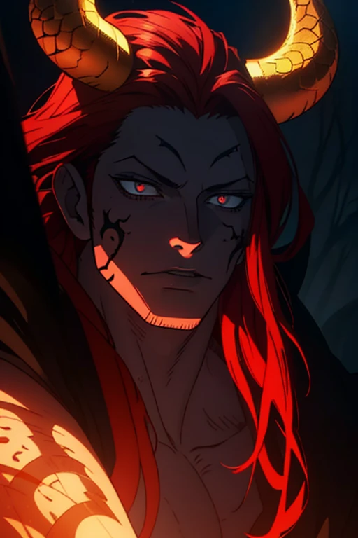 a beautiful young redheaded man with demonic features, detailed face and eyes, long eyelashes, flawless skin, intricate horns, glowing otherworldly aura, dramatic lighting, cinematic composition, highly detailed, matte painting style, dark fantasy, rich moody colors, snake tattoo