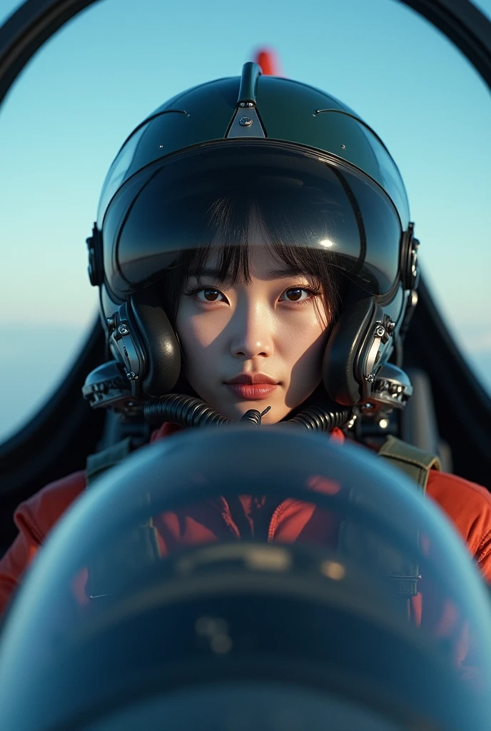 ultra-realistic, photorealistic, beautiful Japanese girl, at the cockpit of a military fighter jet, ready to take off, dramatic scene, masterpiece, face focus, flight helmet with breathe mask, oxygen mask, beautiful eyes, fighter jet pilot's flight suits,