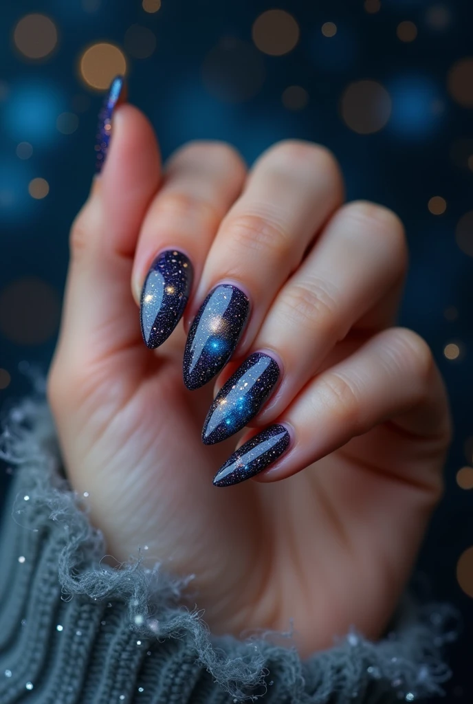 Close-up of a beautiful girl's hand、Beautiful night sky nail art、Bold composition
