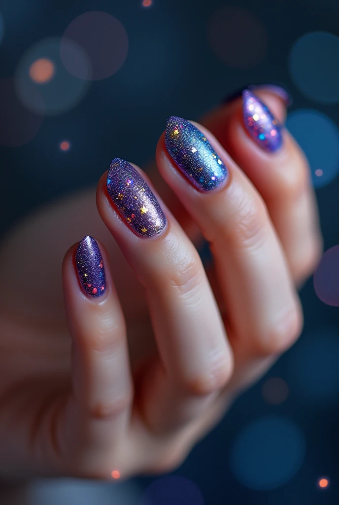 Close-up of a beautiful girl's hand、Beautiful night sky nail art、Bold composition