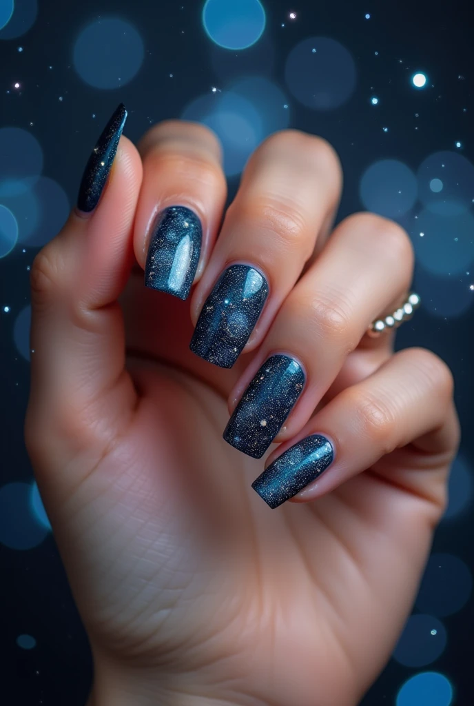 Close-up of a beautiful girl's hand、Beautiful night sky nail art、Bold composition