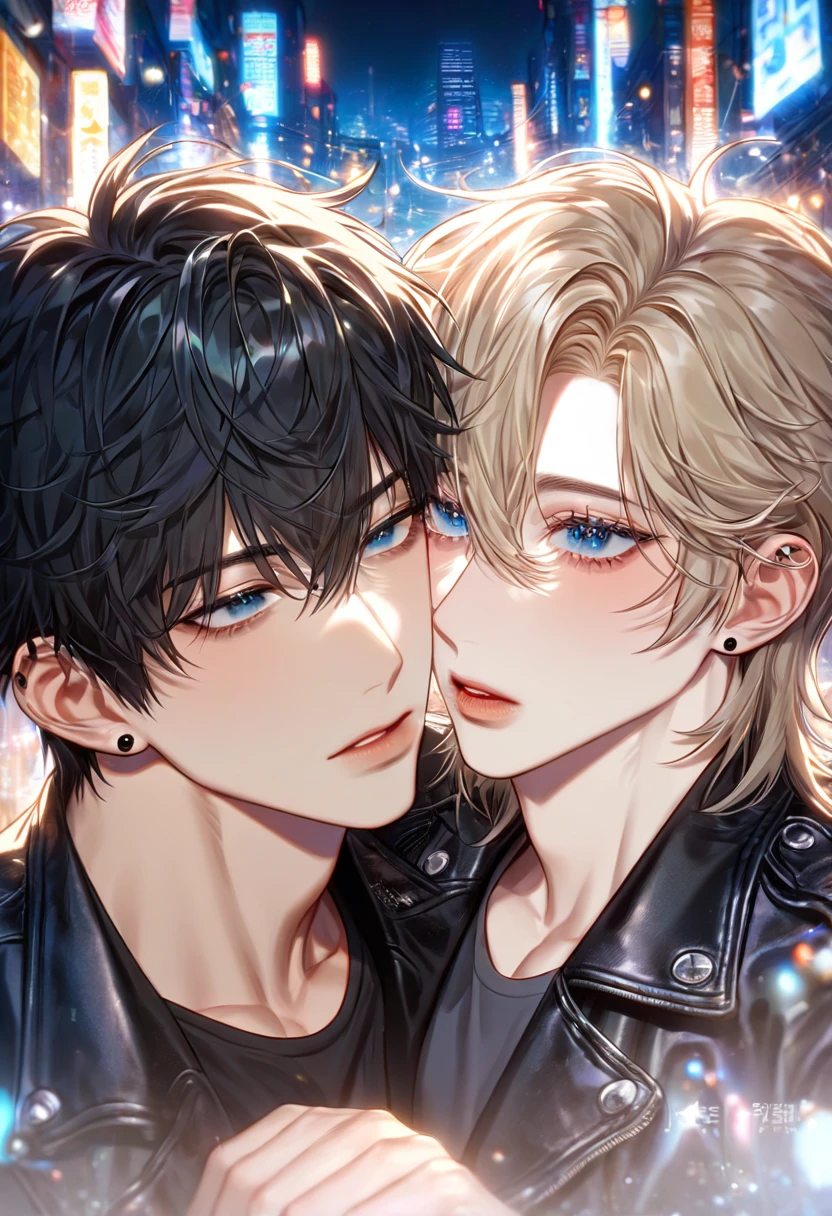 absurdres, highres, ultra detailed, HDR, master piece, best quality, extremely detailed face, delicated features, Kang Woojin, black hair, messy hair, expressive dark blue eyes, Love Jinx, Lim Haegyung, ash-blonde hair, hair between the eyes, messy hair, expressive blue eyes, two sexy men together, yaoi, gay couple, handsome, sensual, black leather jacket, black tight T-shirt, black piercings, city, lights, night, street 