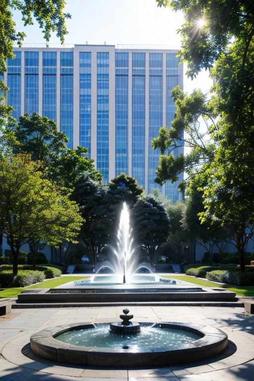 Blue Square,A blue-themed square in the city。Park with a fountain。