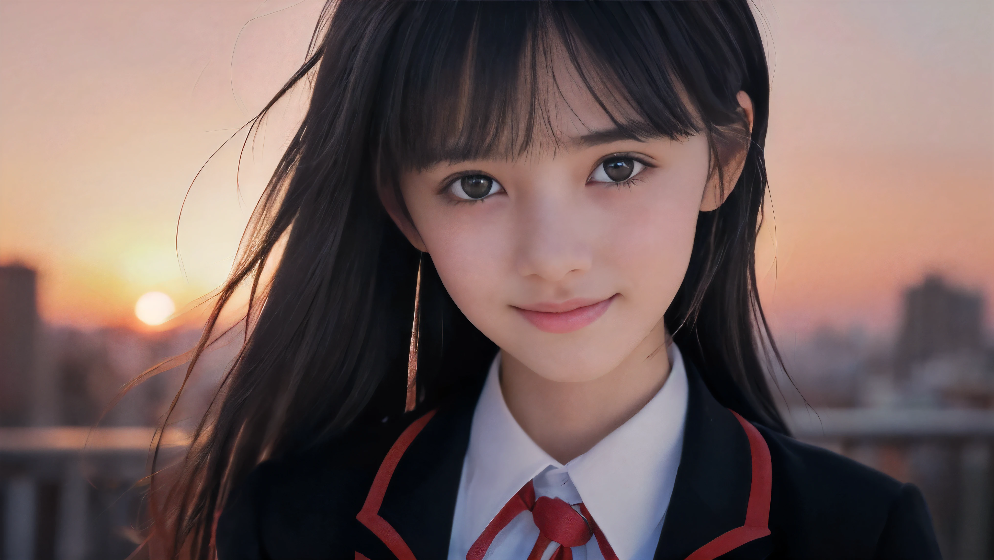 (Close up face shot of one slender small two side up black medium hair bangs girl with crying little smile face in long sleeves black school uniform:1.5)、(One girl is turn around at sunset red sky with her face is reflected sunset light and her hair is blowing in long sleeves black school uniform:1.5)、(Beautiful red sunset sky at skyscraper city landscape:1.5)、(Softer:1.5)、(8k ultra detailed master piece:1.5)、(perfect anatomy:1.5)、(Photorealistic stick:1.5)、(Raw photo:1.3)、(highest quality:1.5)、(High resolution:1.3)、(Delicate and beautiful perfect face:1.3)、(Delicate and beautiful eye air skin:1.3)、(Real Human Skin:1.3)、((thin legs))