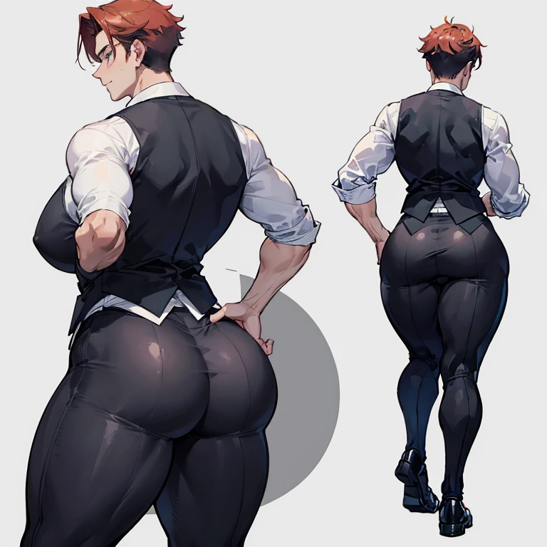 One Man, muscular, jocks, athletic, ginger, wearing suit vest clothes, big butt, huge ass, comically massive ass, bubblebutt, thick, thicc, thick ass, thick legs, thick thighs, huge butt cheeks, ass huge, showing butt to camera, smiling, looking back at camera, big booty, man booty, men with huge butts, men in suit vest clothes, showing off ass, absolutely massive butt, enormous ass cheeks in suit vest pants, full ass, wide ass, round ass, tight suit vest  pants, abnormally huge butt, unrealistically massive ass, Giant butt cheeks, giant butt, giant ass, dark dress pants, button down shirt, men, bodyguard, suit vest black, gay, fight some thiefs, suit vest black, night, naked, alone, shift night, man or boy, no girls